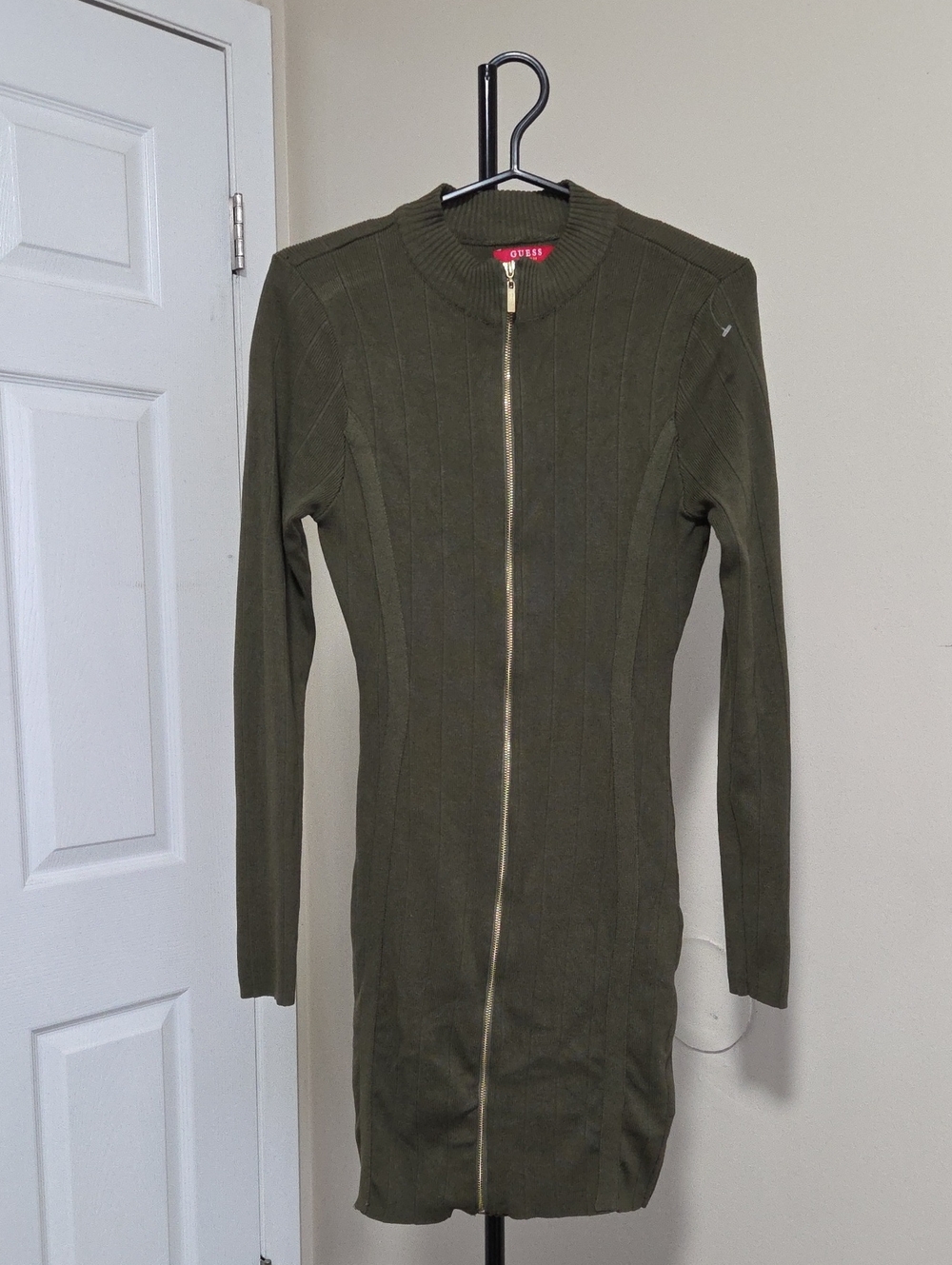 Guess Olive Green Ribbed Zip-Front Long Sleeve Dress